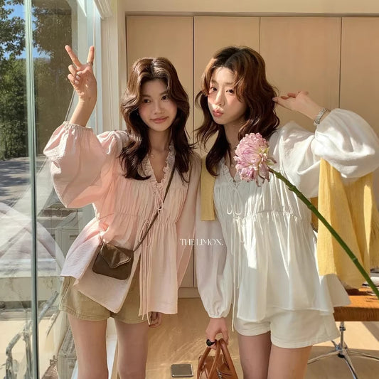 【L10321】實拍檸檬法式浪漫🌸綁帶天絲V領長袖上衣260318