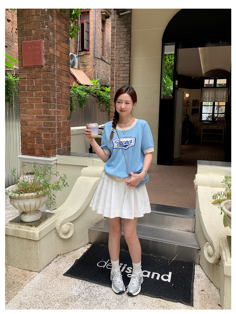 【H993】實拍韓國微鏤空美式圖案針織T恤230616
