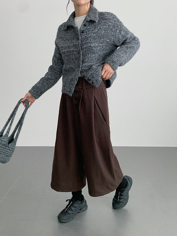 【LD3301】實拍韓系簡約高腰毛呢闊腿七分褲251103