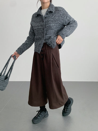 【LD3301】實拍韓系簡約高腰毛呢闊腿七分褲251103