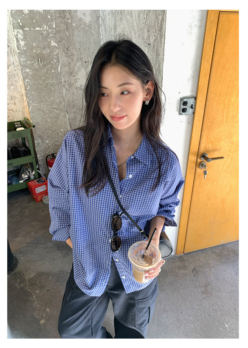 【H5401】實拍後背開叉藍色格子長袖襯衫250902