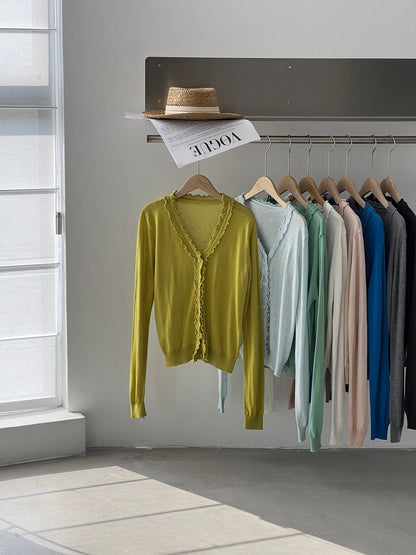 【cimz5643】韓系清新氧氣感🍃寬鬆顯瘦木耳邊V領花邊薄款針織上衣260319