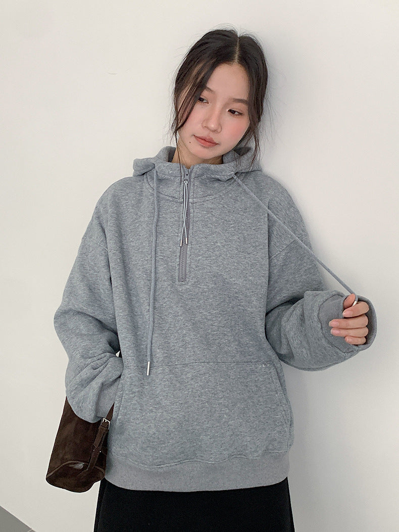 【LD11064】實拍慵懶灰色加絨加厚連帽寬鬆衞衣251209