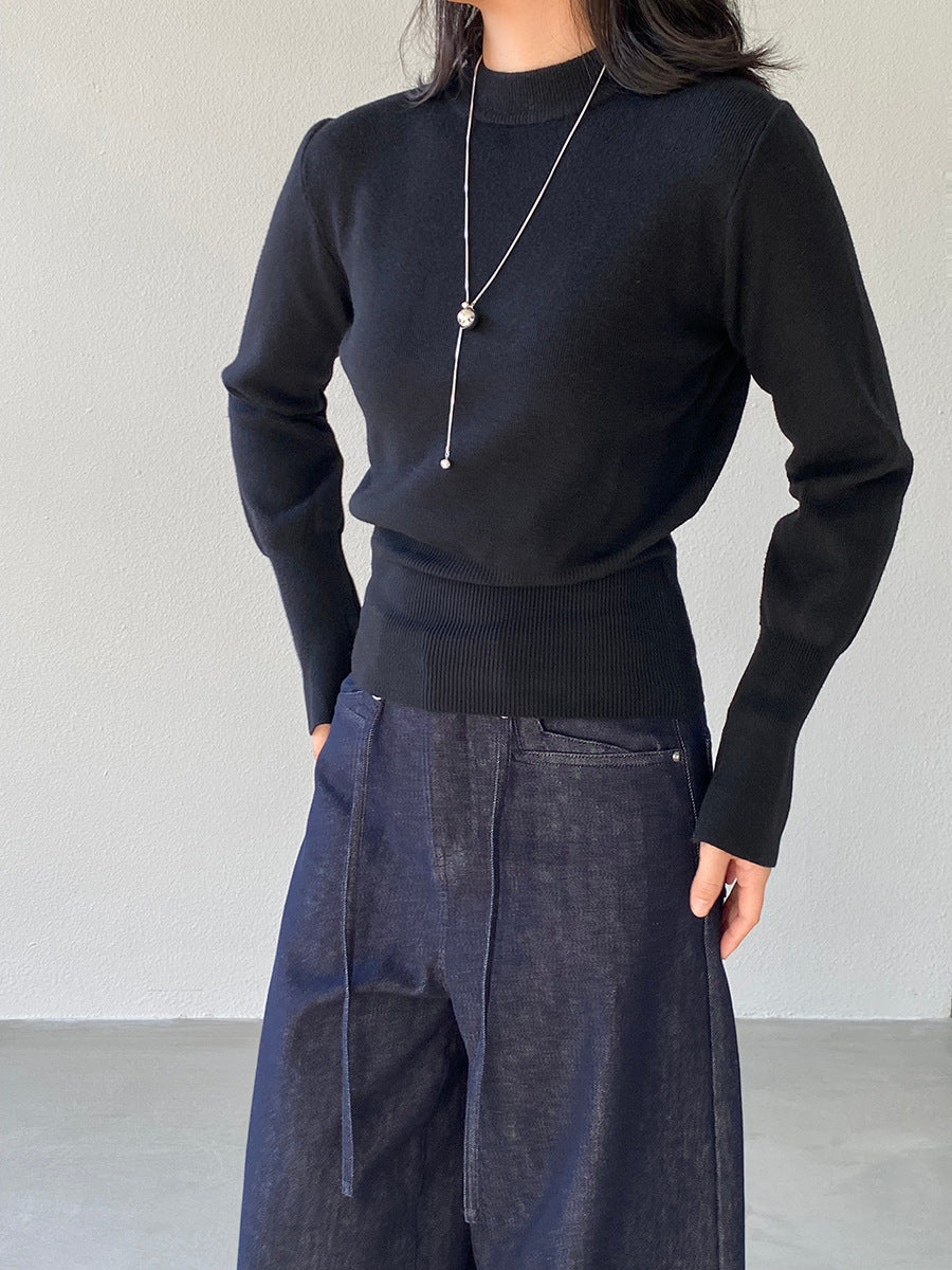 【cimz3012】實拍韓系氣質半高領喇叭袖收腰針織衫251201