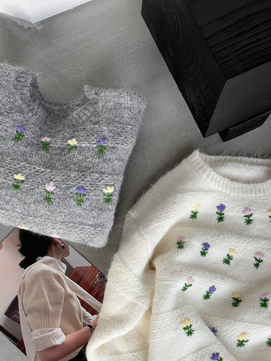 【cimz1377】實拍清新高級刺繡小花羊毛針織毛衣251128