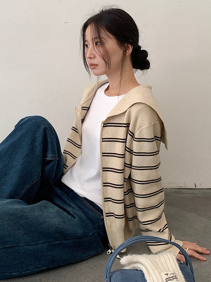 【LD11036】實拍雙頭拉鍊海軍領條紋針織開衫251202