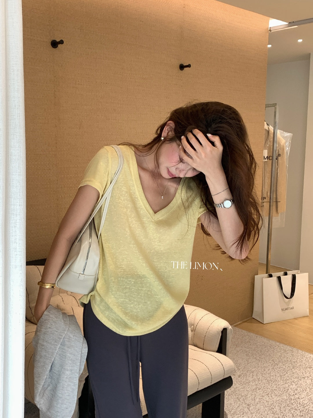 【L10501】極簡高級鬆弛感☕透氣雪花亞麻V領正肩顯瘦短袖T恤260428
