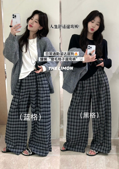 【L1133】實拍檸檬秋季格紋磨毛高腰闊腿褲＋腰帶250930