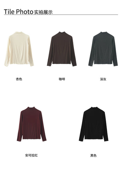 【H568】實拍基礎款木耳邊半高領純色打底衫251021