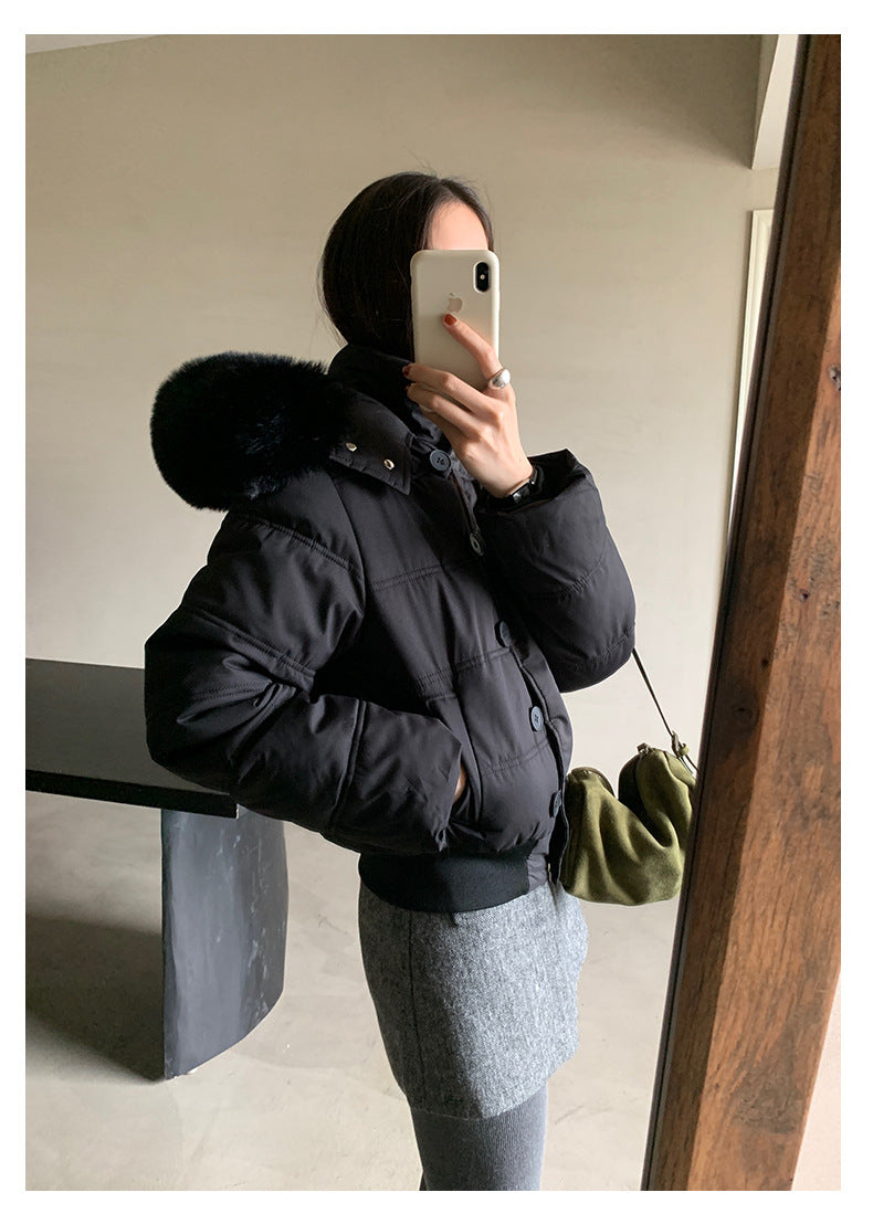 【H5501】實拍奶油風毛領連帽短款加厚棉服251118