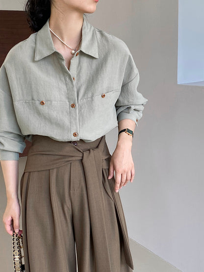 【cim6112】實拍韓國法式氣質天絲亞麻長袖襯衫251030
