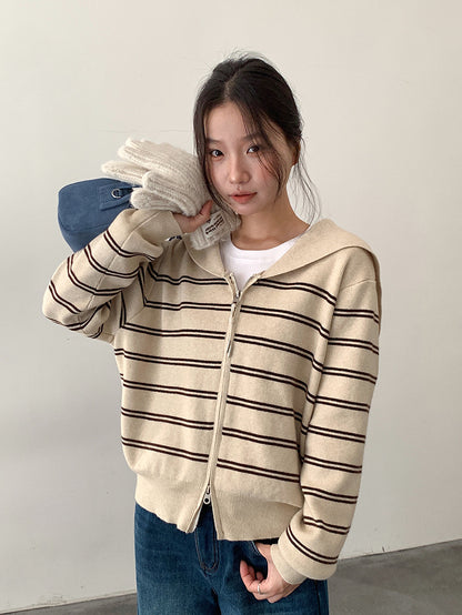 【LD11036】實拍雙頭拉鍊海軍領條紋針織開衫251202