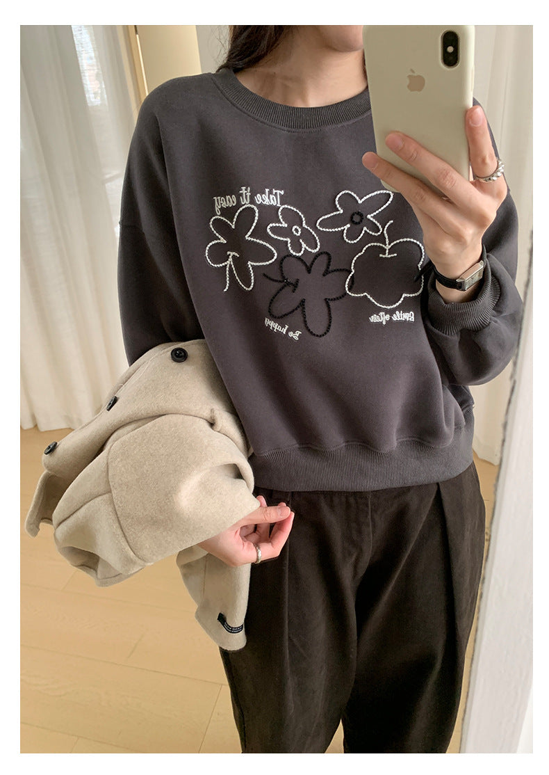 【H563】實拍秋冬刺繡花朵長袖衛衣251021