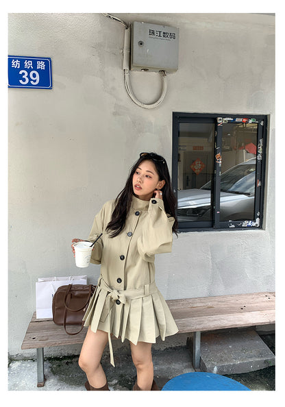 【H5400】實拍韓系慵懶卡其立領收腰風衣外套250902