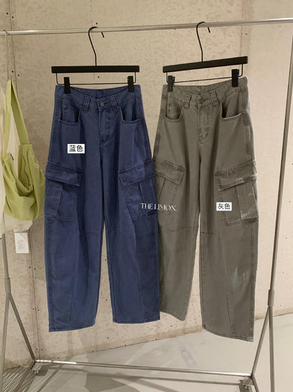 【LHT015】檸檬2026早秋新款時髦復古摩登水洗顯瘦休閒工裝褲260728