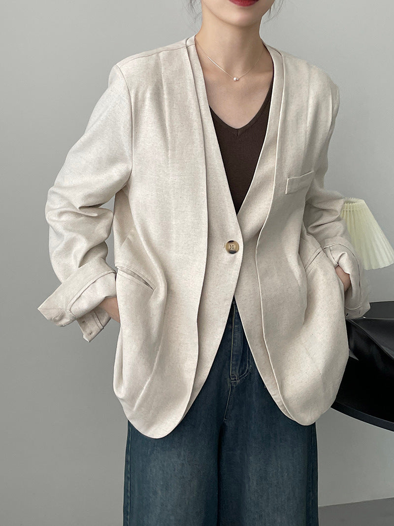 【cim5525】實拍韓國小眾私服~設計款假兩件一粒扣棉麻西裝外套230823