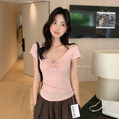 【LTM1702】韓系休閒曲線美✨設計感百搭修身顯瘦V領扭結短袖T恤260602