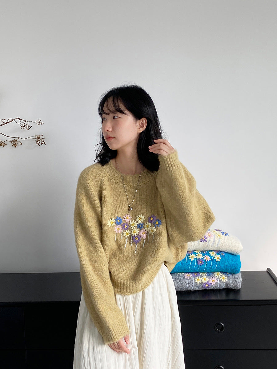 【cimz1394】實拍清新手工立體刺繡小花羊毛針織毛衣（羊毛8%)251128