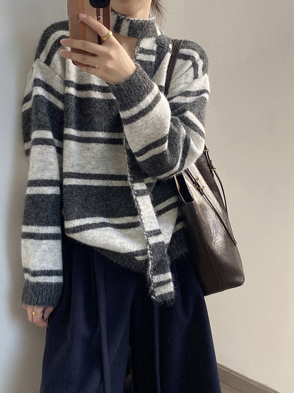【Y25109】 實拍慵懶條紋V領毛衣＋圍巾(含羊毛3%) 251023