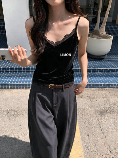 【L11257】檸檬家時髦質感・絲絨蕾絲邊細肩帶背心260909