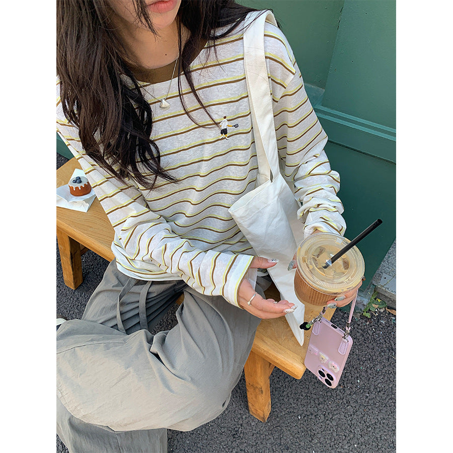 【H5386】實拍寬鬆薄款防曬圓領條紋長袖T恤250902