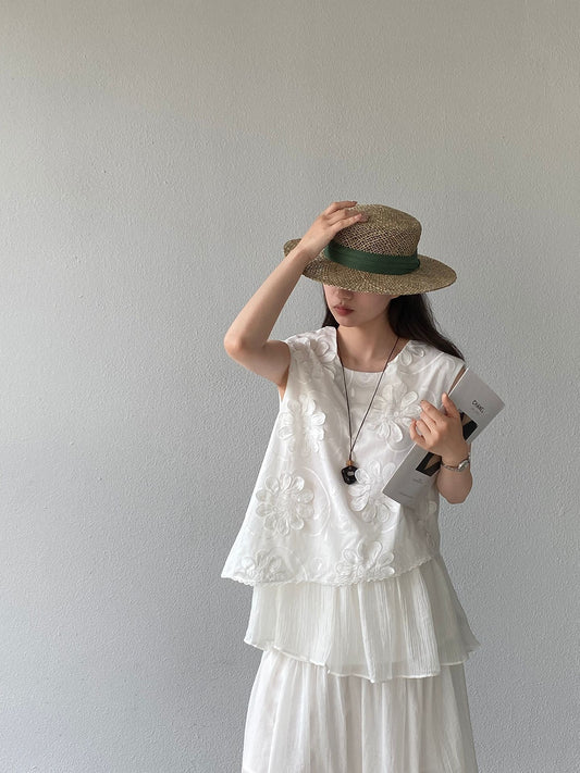 【cimz8166】實拍仙女下凡自帶光✨重工精緻白色立體花朵刺繡無袖上衣260429