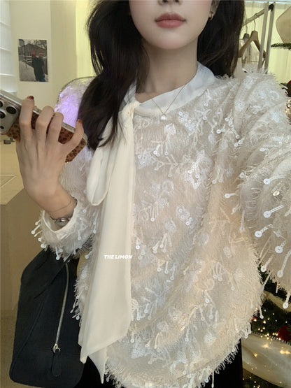 【L1306】實拍2026早春法式重工亮片羽毛蕾絲上衣（有內襯）251229