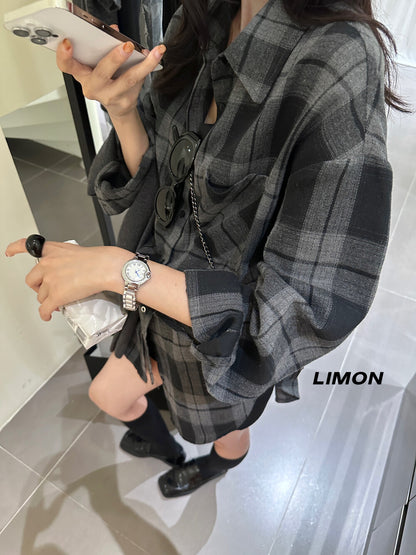 【L9205】實拍檸檬家復古磨毛格紋繫帶襯衫＋腰帶250901