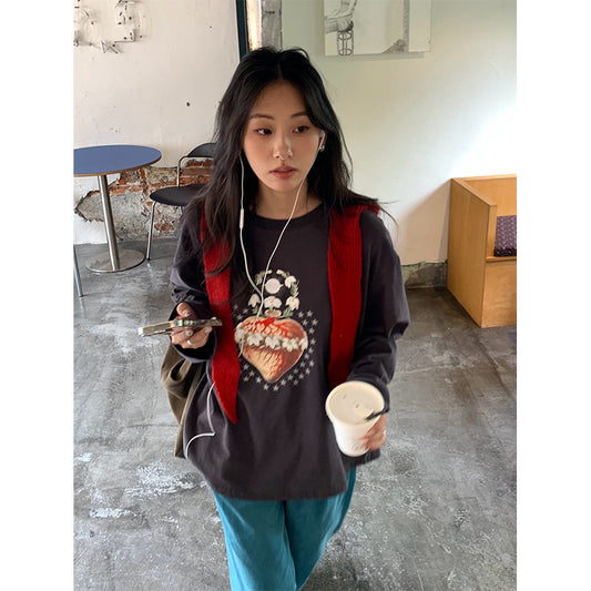 【H5397】實拍韓系甜美少女寬鬆長袖T恤250902