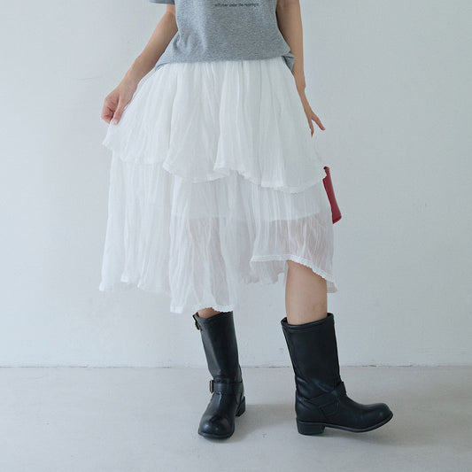 【LD11212】實拍仙氣百搭！法式白色蕾絲拼接不規則高腰A字蛋糕裙260331