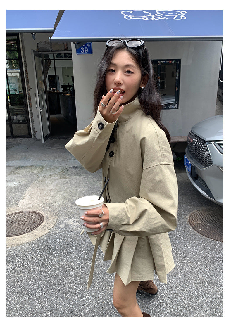 【H5400】實拍韓系慵懶卡其立領收腰風衣外套250902