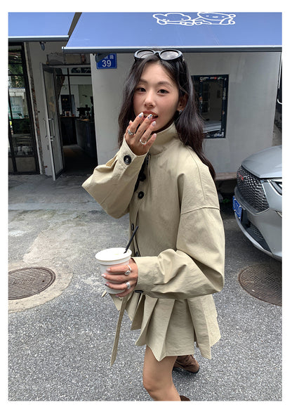 【H5400】實拍韓系慵懶卡其立領收腰風衣外套250902