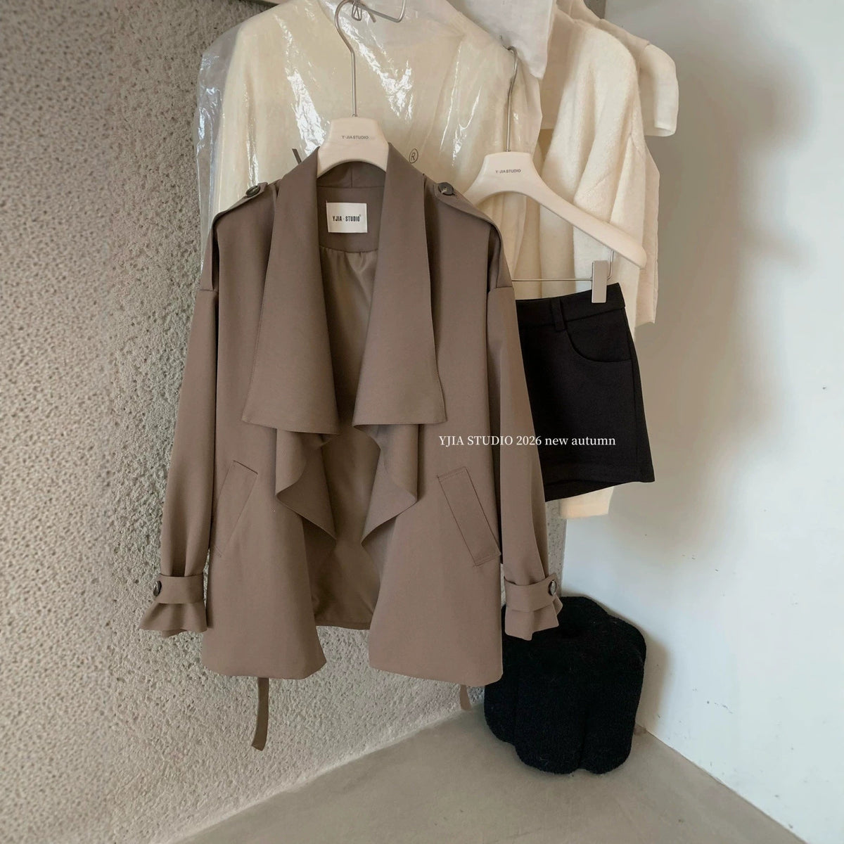【L9296】復古簡約・翻領風衣外套附腰帶261013