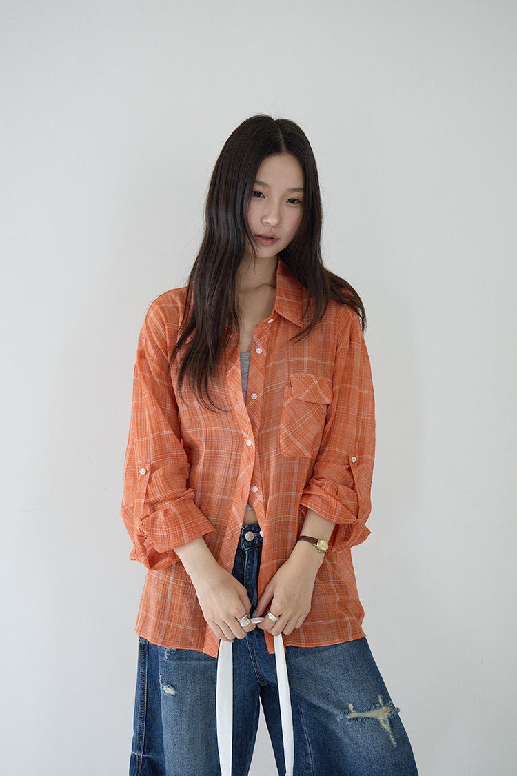 【LD11299】夏日活力維他命🍊薄款桔色格子防曬襯衫260714