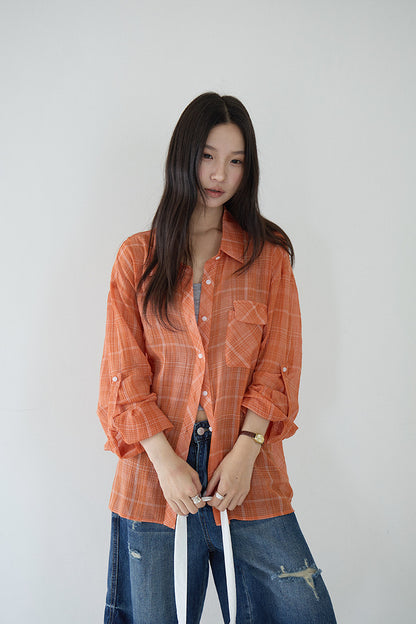 【LD11299】夏日活力維他命🍊薄款桔色格子防曬襯衫260714