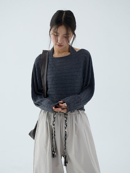 【L3142】實拍早秋絕美長袖一字領罩衫+圍脖吊帶背心250827