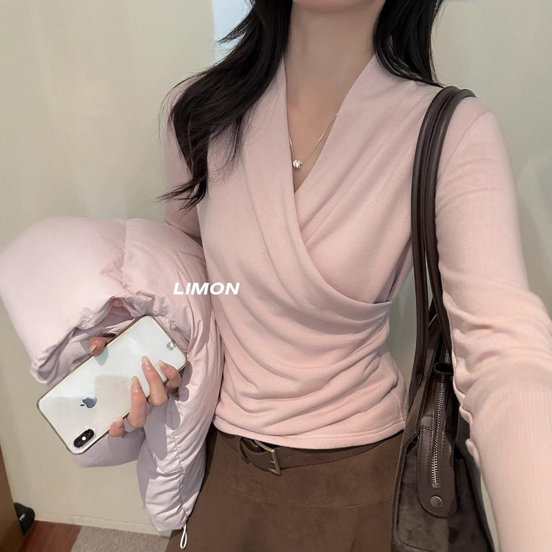 【L9312】檸檬法式簡約交叉羊絨薄绒V領長袖T恤251117