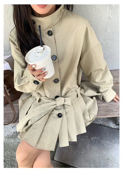 【H5400】實拍韓系慵懶卡其立領收腰風衣外套250902