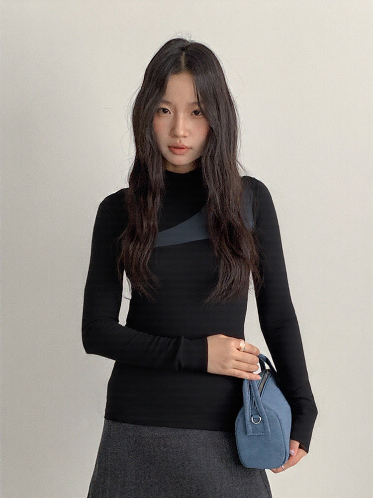 【LD11024】實拍氣質網紗拼接加絨半高領長袖T恤251124