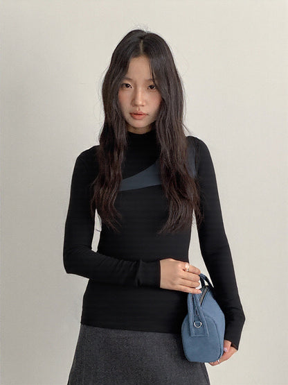 【LD11024】實拍氣質網紗拼接加絨半高領長袖T恤251124