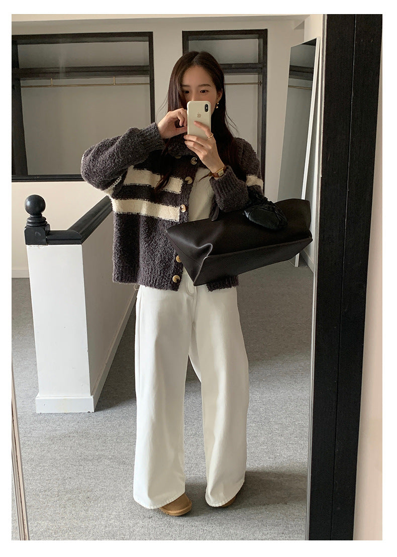 【H5511】實拍 懶懶撞色條紋開衫針織毛衣
251118