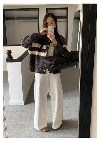 【H5511】實拍 懶懶撞色條紋開衫針織毛衣
251118