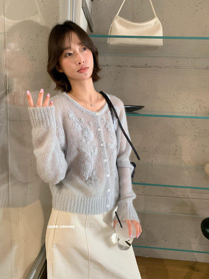 【LR991381】實拍imiss仙氣透膚30%羊毛勾花馬海毛針織外套260305