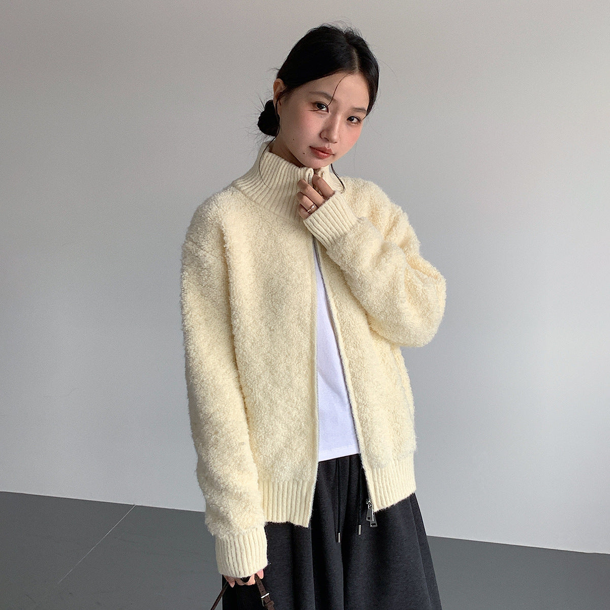 【LD11015】實拍雙頭拉鍊毛絨半高領加厚針織毛衣外套251110