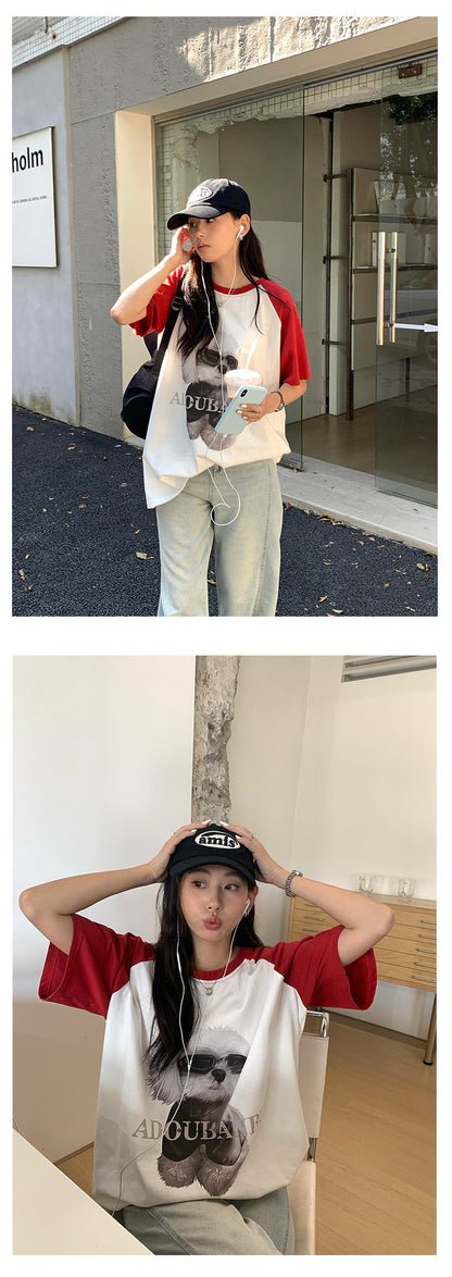 【H5365】實拍夏天韓版墨鏡小狗寬鬆長版棉質T恤250708