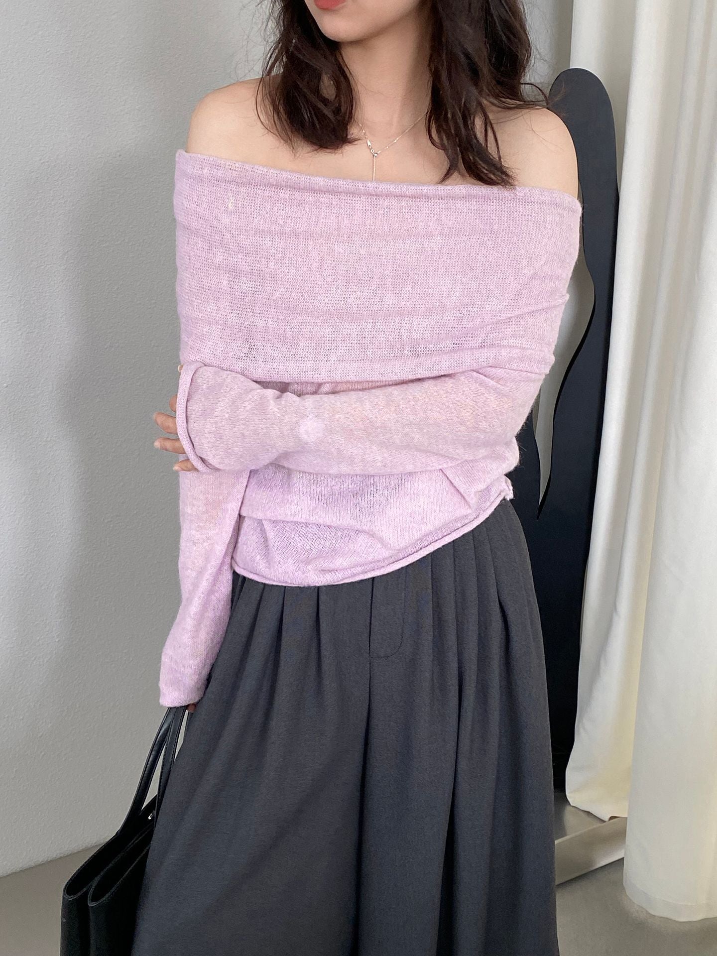 【cimzF632】微性感慵懶風💜羊毛10%一字肩顯瘦露肩長袖針織衫260319