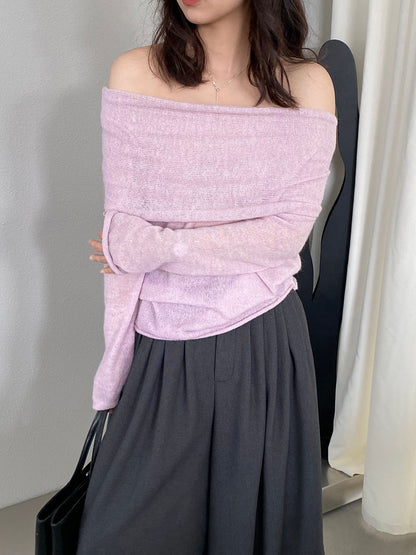 【cimzF632】微性感慵懶風💜羊毛10%一字肩顯瘦露肩長袖針織衫260319