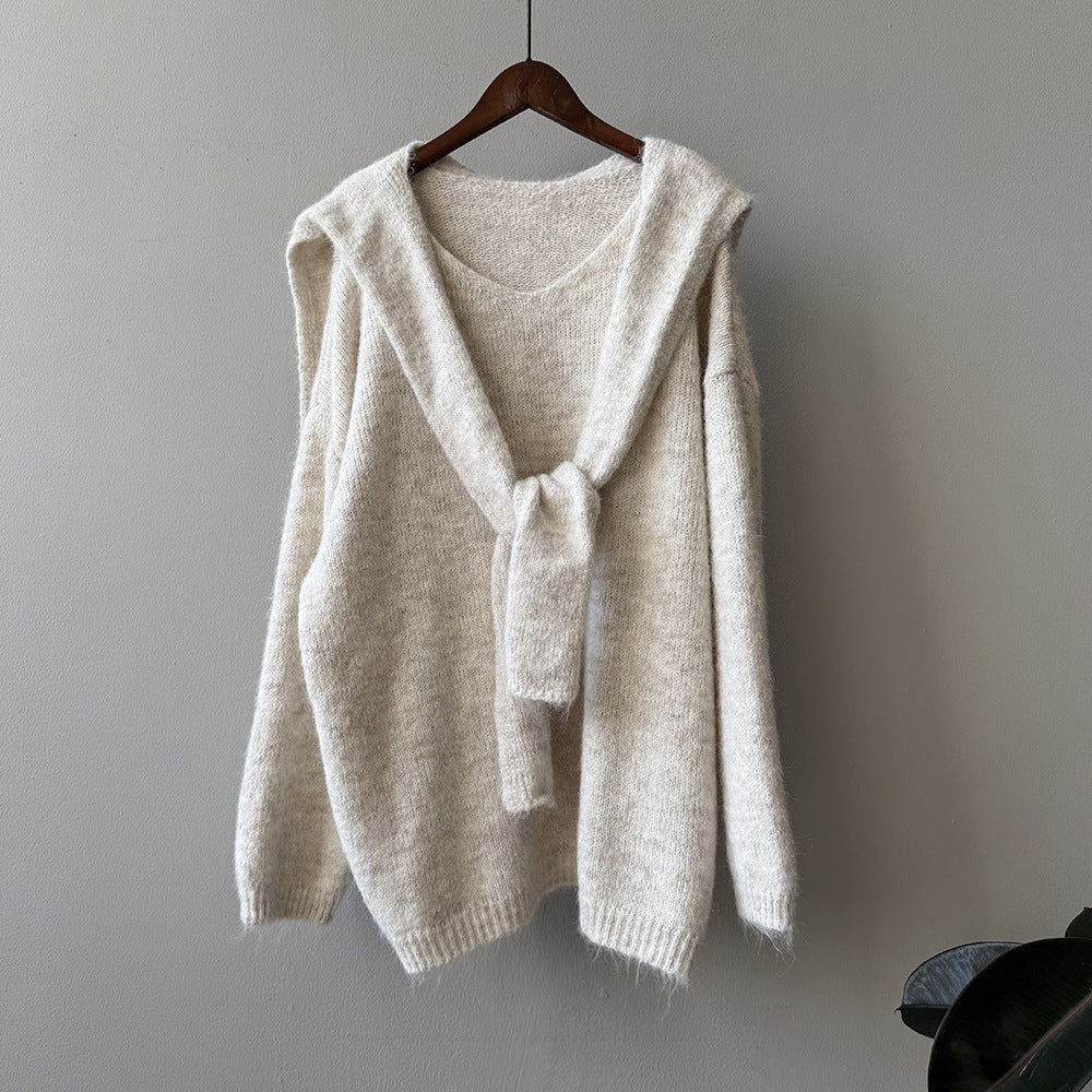 【Y25805】 實拍溫柔軟糯V領毛衣+針織披肩(含羊毛3％）251023