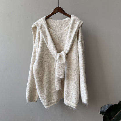 【Y25805】 實拍溫柔軟糯V領毛衣+針織披肩(含羊毛3％）251023