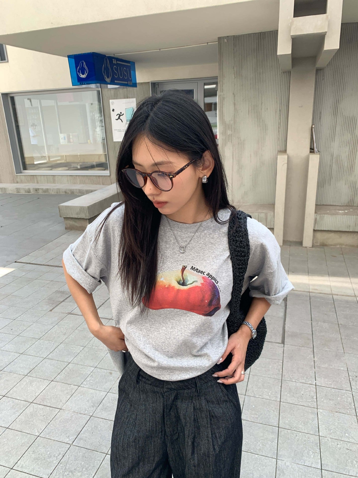 【H5285】實拍夏天韓國蘋果印花大版短袖寬鬆T恤250603